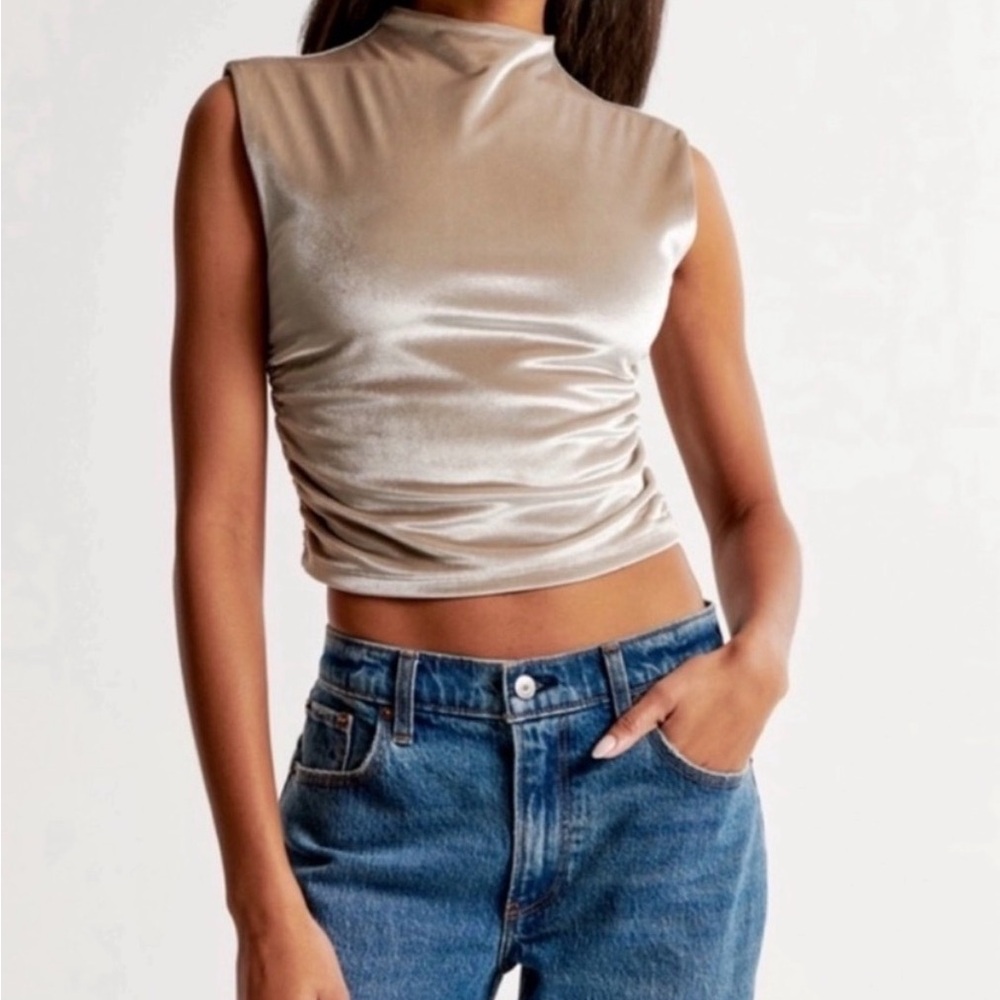 Abercrombie Paloma High-Neck Velvet Crop Top in Silver/Blue